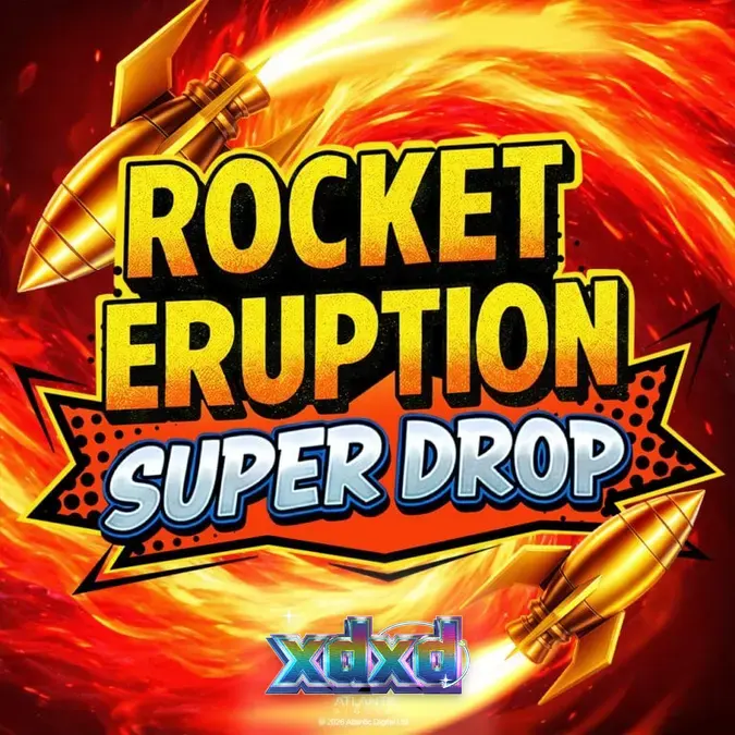 Interface do jogo Rocket Eruption Super Drop com rolos e símbolos de coleta