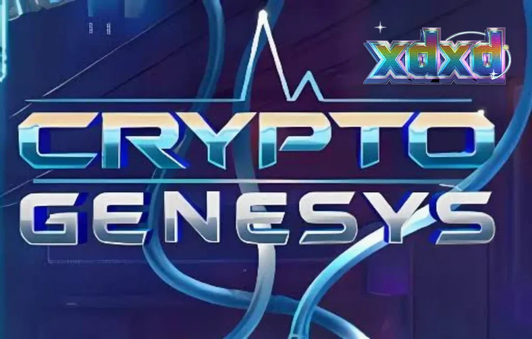 Interface futurista do slot Crypto Genesys com luzes neon e símbolos de criptomoedas